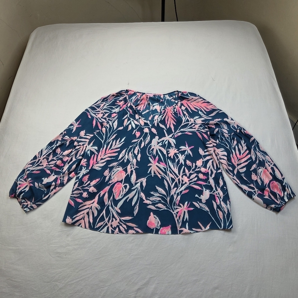 Lilly Pulitzer Amelia Floral Blouse Top Long Sleeve Off Shoulder V-Neck Size L - Picture 8 of 12